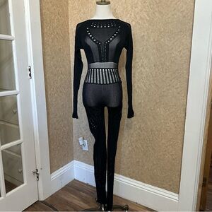 Black Lace Mesh See Through Sheer Keyhole Knit Fitted Bodysuit Jumpsuit Catsuit